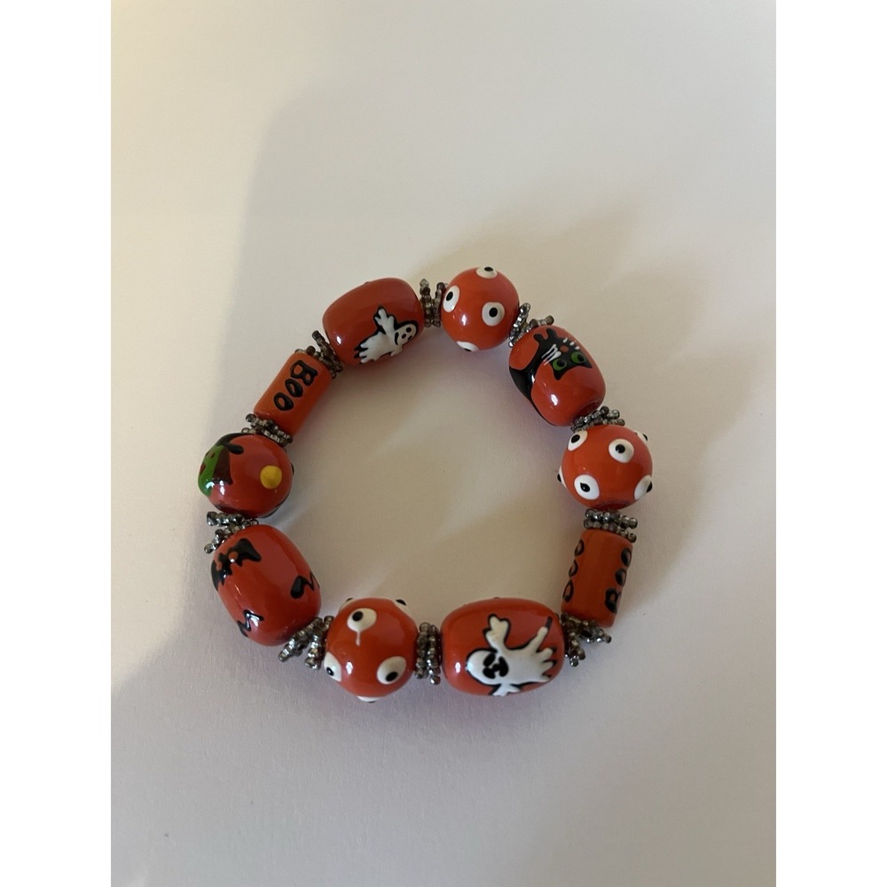 Handmade Halloween Lampwork Glass Bead Stretch Bracelet Ghosts Black Cats Boo‎